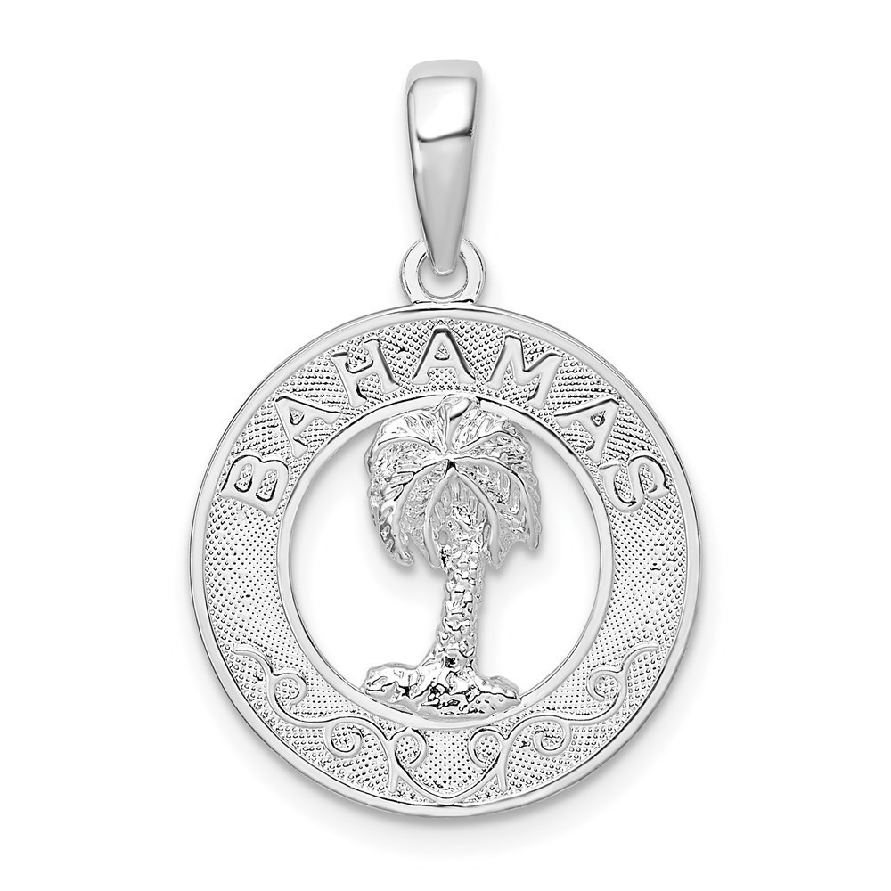 Sterling Silver Small Travel Textured Bahamas w Palm Tree Necklace Charm Pendant